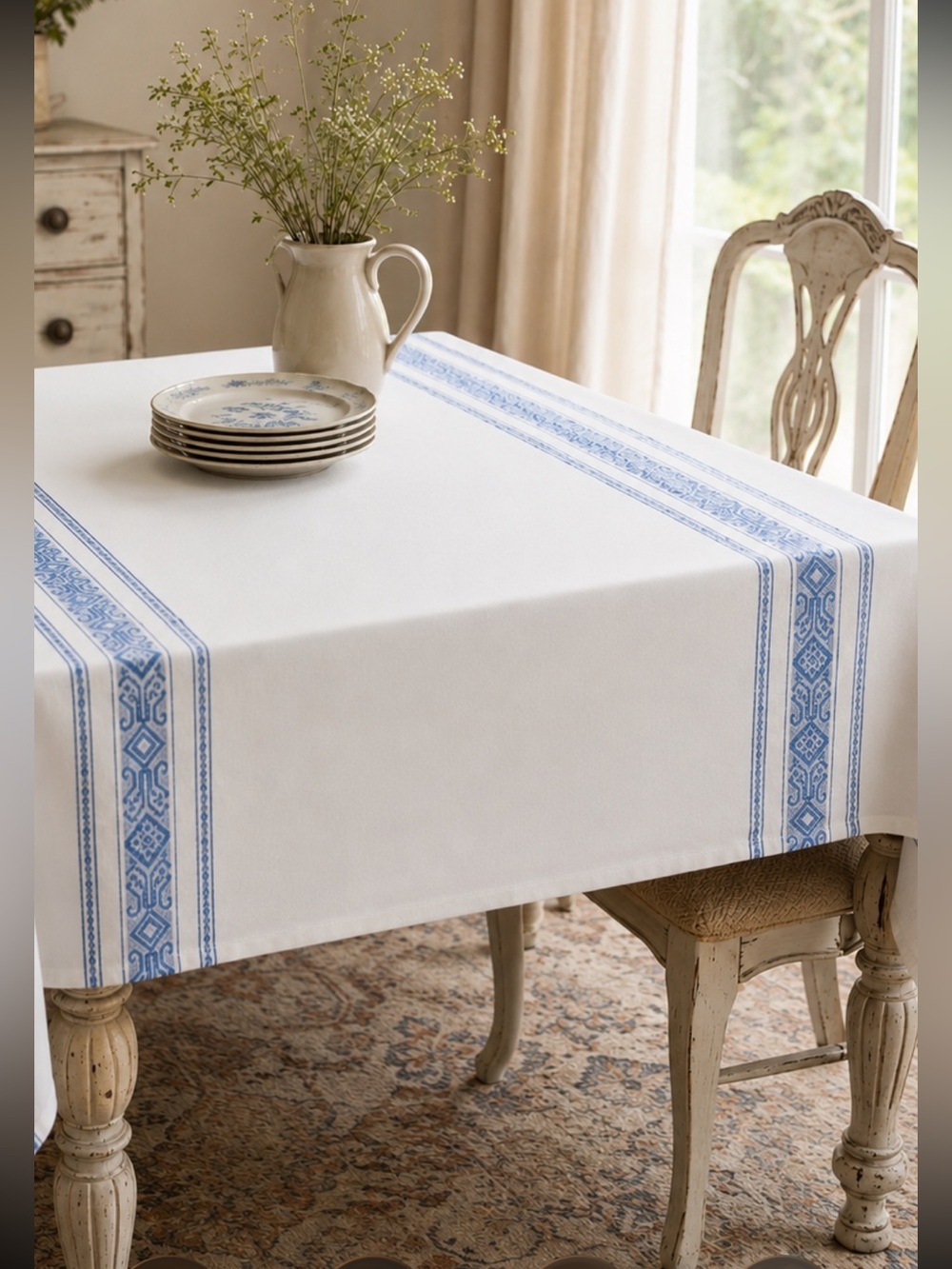 Vintage Damask Woven Textile Tablecloth w/ Woven Geometric Stripe. 55x75 Blue